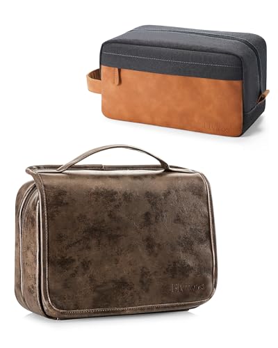 Elviros Hanging Travel Toiletry Bag Gift for Men，Mens Toiletries Bag Gifts Set Shaving Dopp Kit Water-resistant Bathroom Toiletries Organizer PU Leather Cosmetic Bags 2 Pack - color: Dark Brown, size: 2 Piece