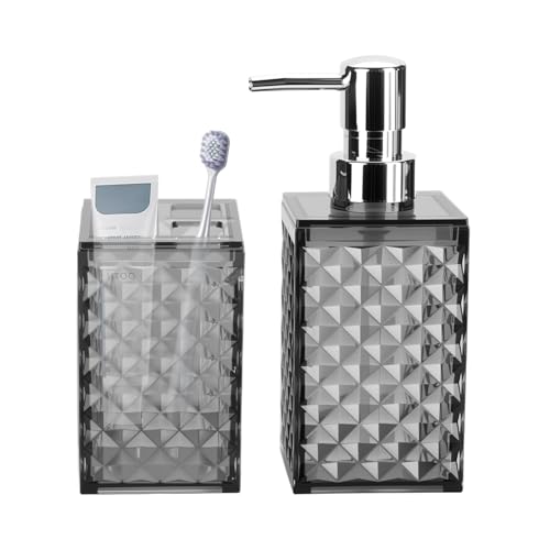 Bathroom Accessories Set 2 PCS, Grey Bathroom Accessories Include Soap Dispenser and Toothbrush Holder, Diamond Pattern Bathroom Set for Boho Bathroom Decor - color: Grey