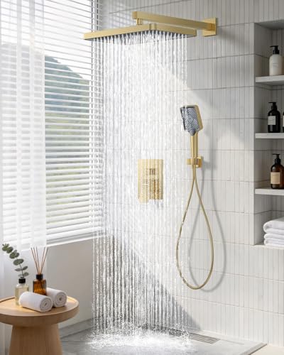 Shower System 13-Inch Rainfall Shower Head - 3 Setting Handheld Sprayer, Complete Bathroom Set with Faucet Mixer Trim Kit & Valve Brushed Gold - color: Brushed Gold, size: 13''