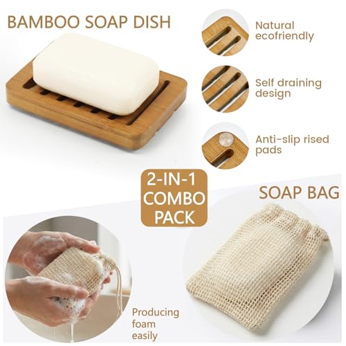 2-in-1 Soap Dish Combo Pack Includes 1 Bamboo Soap Holder and 1 Soap Bag, Slotted Wooden Soap Dish Self Draining, Shampoo Bar Tray for Shower, Bathroom, Countertop (Natural Brown Wood)