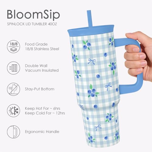 SANDJEST Blueberry Stainless Steel Locking Lid Silicone Straw Tumbler with Handle 40oz, Insulated Stainless Steel Travel Cup for Women Girls Friends, Gift Idea for Birthday Christmas - color: Blueberry