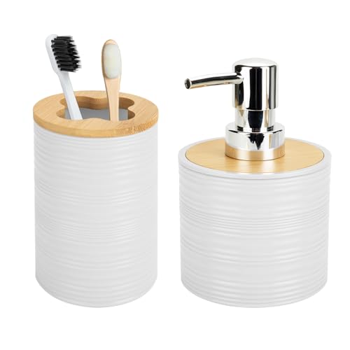 2 PCS White Bathroom Accessories Set, Soap Dispenser and Toothbrush Holder Set, Plastics & Bamboo Bathroom Set, Bohemian Style Bathroom Sink Set - color: White, size: 2 PCS