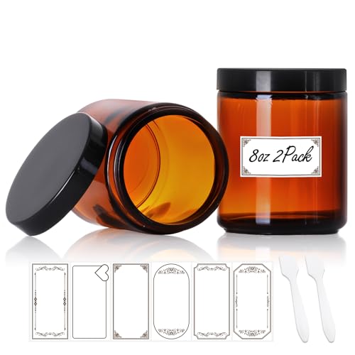 8oz Airtight Glass Jars with Lids, 2 Pack Amber Empty Small Cosmetic jars | Small Cosmetic Containers with Inner Liners, Leak-Proof Travel Jars for Lotions, Scrubs, and Candle Making, Labels & Spatulas - color: Amber-8oz-2pcs