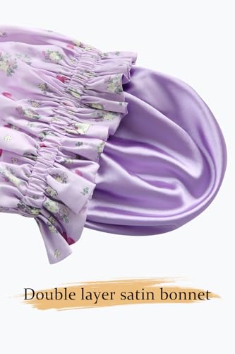 Floral Satin Bonnet with Scrunchie Set,Double Layer Ruffle Reusable Sleeping Shower Cap for Curly Hair Purple-rabbit - color: Purple-rabbit