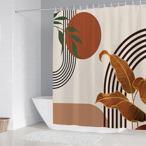 LQCOOL 4Pcs Boho Mid Century Shower Curtain Set, Modern Minimalist Bathroom Sets, Abstract Geometric Bathroom Sets with Shower Curtain and Rugs, Shower Curtain with 12 Hooks - color: Brown Black