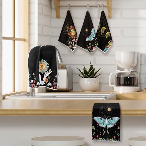 Boyiee Set of 6 Witchy Kitchen Towels Boho Tea Towels Absorbent Mushroom Floral Dish Towels 24 x 16'' Gothic Dish Towels Sun Moon Star Butterfly Hand Towels Gifts for Farmhouse Kitchen Bathroom - color: Moon
