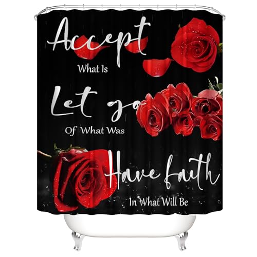 Yddsky 4 Pcs Red Rose Shower Curtain Sets with Rugs Black Blessed Bathroom Sets with Shower Curtain and Rugs Bathroom Curtains Shower Set with Toilet Lid Cover for Women Bathroom Decor Accessories - color: Red Blessing Rose