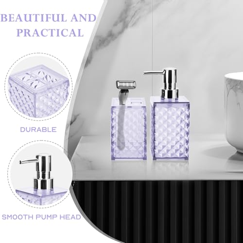Bathroom Accessories Set 2 PCS, Purple Bathroom Accessories Include Soap Dispenser and Toothbrush Holder, Diamond Pattern Bathroom Set for Boho Bathroom Decor - color: Purple