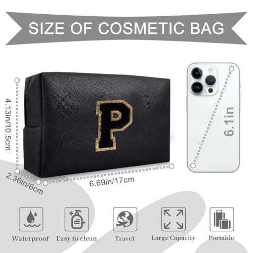 Personalized Initial A-Z Preppy Patch Makeup Bag,Small PU Chenille Letter Cosmetic Bag with Zipper for Teen Girls,Black Cute Toiletry Organizer Bag,Monogram Makeup Case Gift for Women Girls,Letter P - color: Black,Black-Letter, size: P
