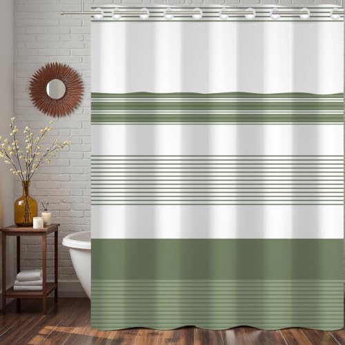 No Hook Striped Shower Curtain and Liner Set 71 x 74 Inch | Spring Sage Green and White Minimalist Striped, Waterproof Modern Bath Tub Curtain for Bathroom Decor, Breathable Mesh Top - color: Green