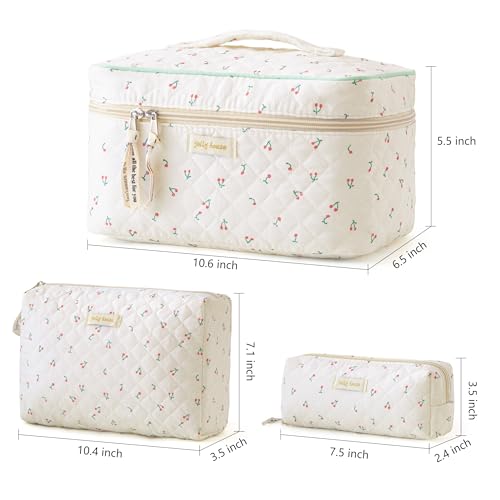 HBselect Quilted Makeup Bag, 3PCS Cotton Large Travel Makeup Bag, Cute Floral Coquette Make up Bag Cosmetic Bag Toiletry Bag for Women Girls - color: A-3PCS-Cherry