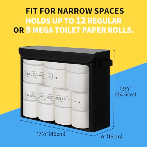 Cupic Cupid Toilet Paper Storage Baskets, Bathroom Toilet Paper Storage with Lid, Holds 12 Regular or 9 Mega Rolls, Slim Toilet Tissue Holder Basket with Clear PVC Lid and Handles, Black - color: Black
