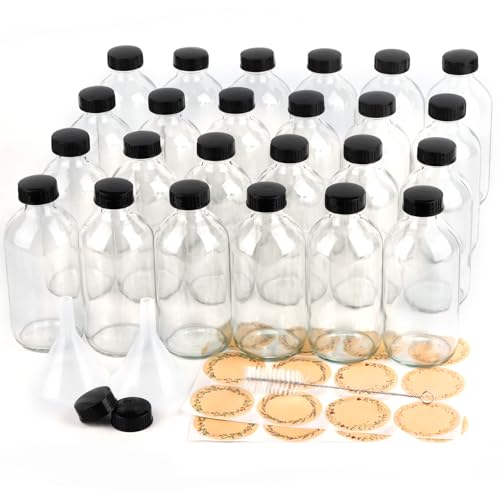 PINIWON 24 Pack 8 oz Clear Glass Bottles, 240ml Boston Round Sample Bottles with Black Poly Cone Caps, Labels and Funnels - color: Clear-24 pack