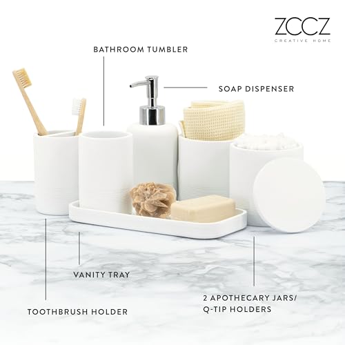 ZCCZ White Bathroom Accessories Set 6 Pieces - Toothbrush Holder, Lotion Dispenser, Qtip Container, Vanity Tray, Tumbler - Countertop Organizer for Bathrooms - Elegant and Functional Décor Set - color: White, size: 6pcs