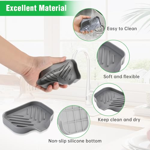 Silicone Sponge Holder with Drain Spout, Soap Dish for Shower Bathroom Kitchen, Easy to Clean, Quick Drying (4.7" x 3.6")