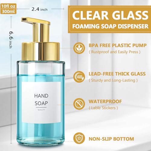 RYTOXILO Foaming Soap Dispenser, 10 oz/300ml Gold Soap Dispenser, 2 Pack Glass Foaming Hand Dispenser for Bathroom & Kitchen, Clear Refillable Foam Bottle with Waterproof Labels - color: Clear Bottle, size: 10 Fl oz with Gold Pump