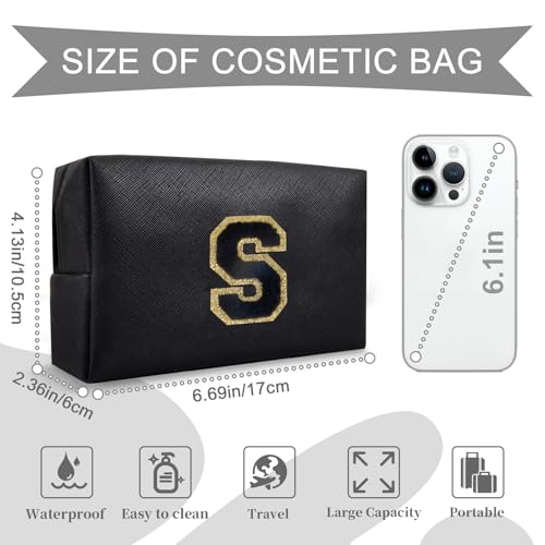 Personalized Initial A-Z Preppy Patch Makeup Bag,Small PU Chenille Letter Cosmetic Bag with Zipper for Teen Girls,Black Cute Toiletry Organizer Bag,Monogram Makeup Case Gift for Women Girls,Letter S - color: Black,Black-Letter, size: S