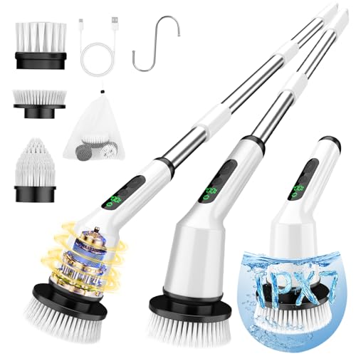Electric Spin Scrubber for Cleaning Bathroom, Shower Scrubber Cordless Cleaning Brush with IPX7 Waterproof & 2 Speed, 3 Flat Brush Heads, Bathroom Cleaning Supplies for Shower Tub Kitchen Tile Toilet - color: White, size: 3 Brush Heads