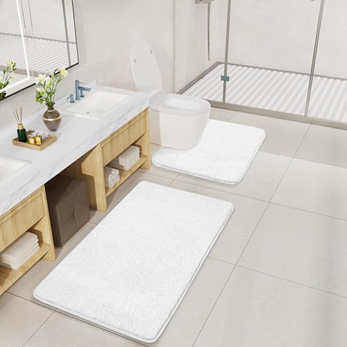 LOCHAS Bathroom Rugs Sets 2 Piece, Soft Non Slip Bath Mat Set, 20''x20'' U-Shaped Toilet Rug and 34''x21'' White Bath Rugs, Washable Absorbent Chenille Toilet Rug Set for Bathroom, Shower, Sink - color: White