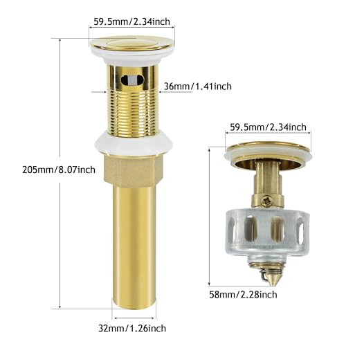 Bathroom Sink Drain,2 Pack Gold Stainless Steel Bathroom Drain Stopper with Overflow,Small Cap Pop Up Drain Assembly with Detachable Strainer Basket,Built-in Anti-Clogging - color: 2 Pack-gold-small Cap, style: With Overflow
