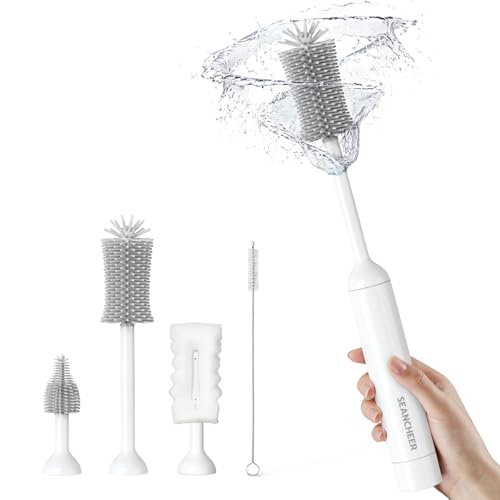 SEANCHEER S02 Electric Bottle Brush Set, Portable Baby Bottle Brush Cleaner, AA Battery-Powered & IPX7 Waterproof, with Silicone Bottle/Nipple/Sponge/Straw Brush, for New Parents (Extra-Long) - color: Extra Long Gray