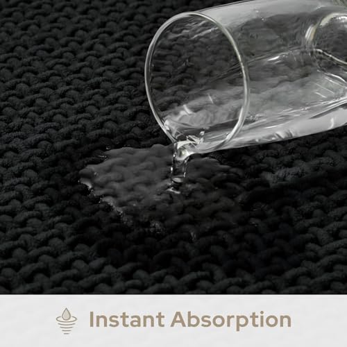 HOMEIDEAS Bathroom Rugs Set 2 Piece, Ultra Thin Non-Slip Bath Mats Rubber Backed, Chenille Absorbent Quick Dry Mats for Shower & Vanity, Low Profile Fits Under Door (Black, 32"x20"+24"x17") - color: Black