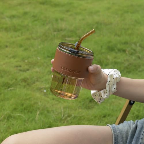 BLUEPOLAR 13oz/400ml Tumbler Water Glass, Cups with Straw and Lid Sealed Carry on for Coffee, Iced Tea, Thick Wall Insulated Glass Cup (Amberwith Protect Sleeve) - color: Amber with sleeve