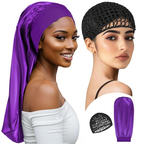 Braid Bonnet-Mesh Hair Nets for Sleeping Set Long Hair Bonnet Satin Reusable Elastic Mesh Wrap Cap for Curly, Braids Hair Anti Frizz 2 Piece Set (black net, dark purple bonnet) - color: Black Net, Dark Purple Bonnet