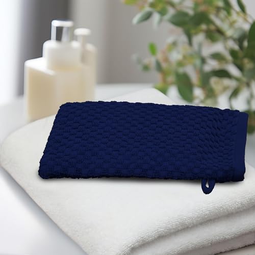 COTTON CRAFT Bath Mitt - 6 Pack Euro Spa Waffle 100% Cotton Towel Mitts | Large 5.5x10 inches Navy Exfoliating Gloves - Sensitive Skin Friendly - Body Bath Shower Glove Washcloth with Hanging Loop - color: Navy - Bath Mitt