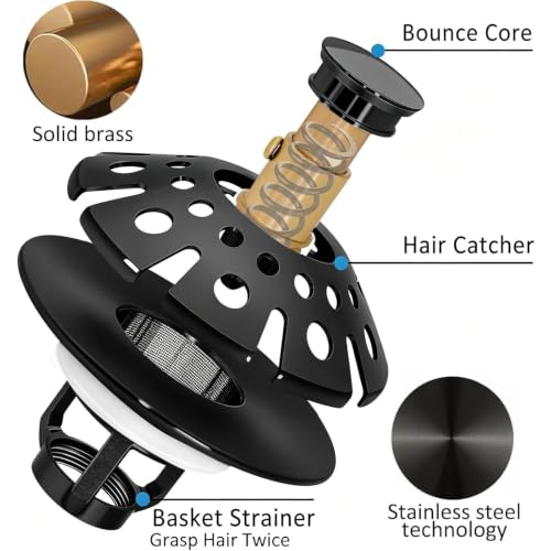 AzWzz Bathroom Sink Drain Strainer, 3 in 1 Pop Up Bathroom Sink Stopper Plug with Hair Catcher Cover, Universal for 1.06 in to 1.6 in Sink Drain, Matte Black - color: Matte Black, style: Bathroom Sink Stopper with Hair Catcher