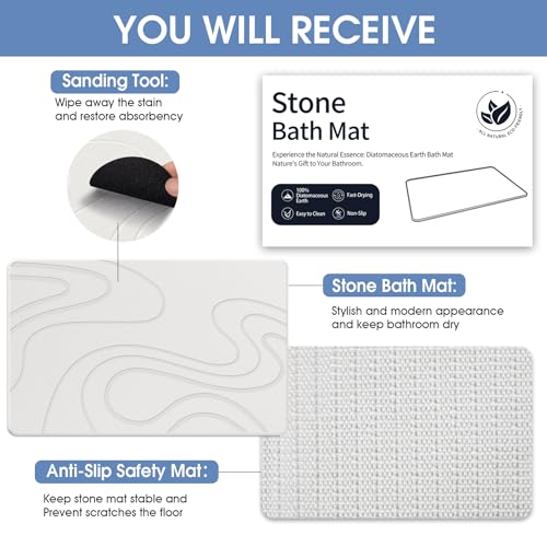 Veeloim Stone Bath Mat Diatomaceous Earth Shower Mat Non-Slip Super Absorbent Diatomite Stone Mats for Bathroom Floor/Kitchen Counter Quick Drying Natural Easy to Clean(23.6''×15.4" White) - color: Line2-white