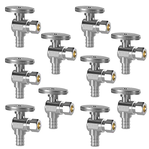 Hourleey 10 Pack Angle Stop Valve, Water Shut Off Valve 1/2" PEX x 3/8" OD Compression, Quarter Turn Chrome Plated Brass Valve - color: Angle (Pack of 10)