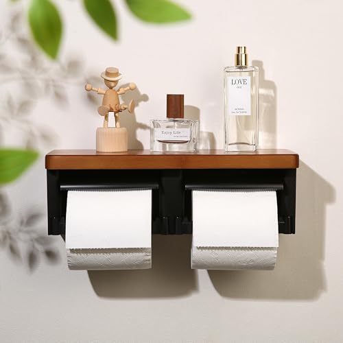Toilet Paper Holder with Shelf- with Toilet Paper Cutting Function, Modern Toilet Paper Holder Wall Mounted for Bathroom Washroom (Wood Brown&Black, Double) - color: Wood Brown&black, size: Full