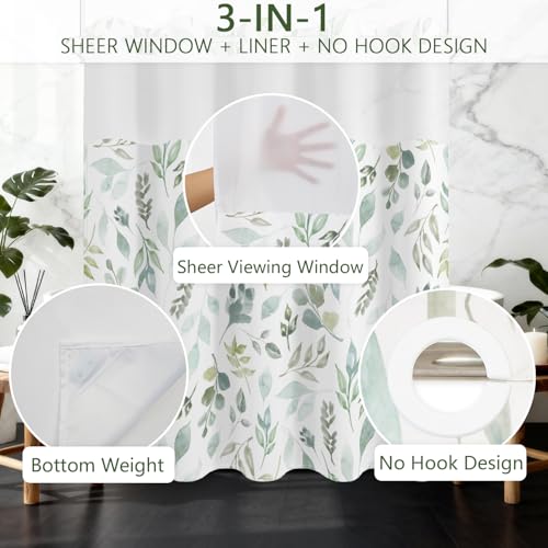 No Hook Shower Curtain with Snap in Fabric Liner Set, Waterproof & Washable, Boho Green Botanical Leaf Floral Shower Curtains for Bathroom, Rustic Modern Hotel Style Plant Bathroom Curtain, 71x74 inch - color: Green Foliage