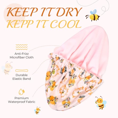 Shower Cap for Women Terry Lined Bee Bath Cap Large Reusable Waterproof Elastic Band Beekeeper Shower Caps for Long Thick Hair Soft Bath Shower Hair Caps - color: Bee