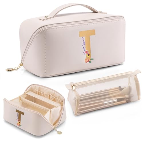 VLANDO Valentines Day Gifts,Initial A-Z Makeup Travel Bag, Personalized Gifts for Friendship Bridesmaid Gift Ideas Valentine's Day Anniversary（Letter T - color: 14.White-T