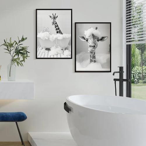 2Pcs Framed Funny Giraffe Bathroom Canvas Wall Art Prints Black and White Gallery Posters Animal Bubble Bath Pictures Modern Wall Decor Bedroom Apartment 12X16 Inch Ready to Hang - color: Black and White Funny Giraffe, size: 16L" x 12W"
