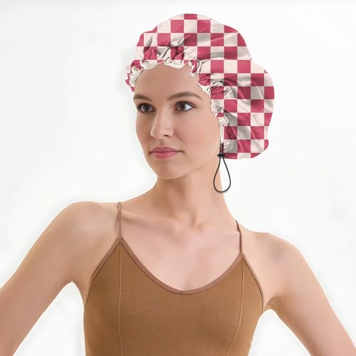 Luxury Shower Cap Satin Lined Reusable Waterproof Double Layer Elastic Adjustable Hair Bath Cap Cute Aesthetic Women Girls-Pink Checkered - color: F14-Pink Checkered