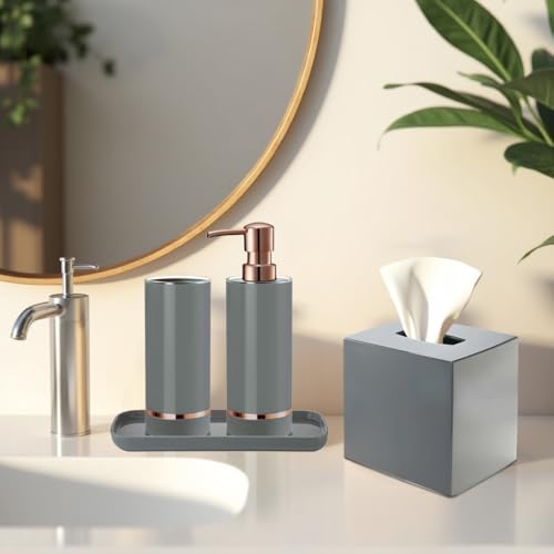 Decozen Bathroom Accessories - 4Pcs Bath Accessories for Home Decor Soap Dispenser, Lotion Dispenser, Tissue Box & Tray for Bath Decor Countertop Organizer - Christmas Decorations, Housewarming Gift - color: Grey