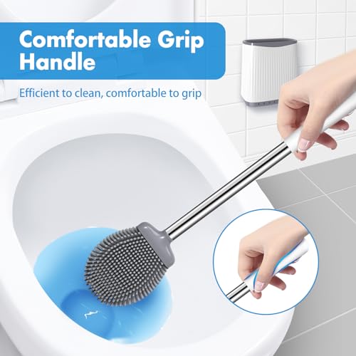 Toilet Brush, Silicone Toilet Brush and Holder, Flexible Toilet Bowl Brush Head with Ventilated Holder, Wall Mounted Compact Toilet Brush Set for Bathroom Cleaning (1, Gray)