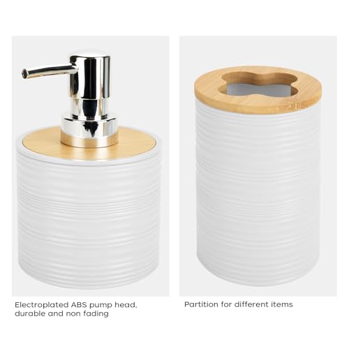 2 PCS White Bathroom Accessories Set, Soap Dispenser and Toothbrush Holder Set, Plastics & Bamboo Bathroom Set, Bohemian Style Bathroom Sink Set - color: White, size: 2 PCS