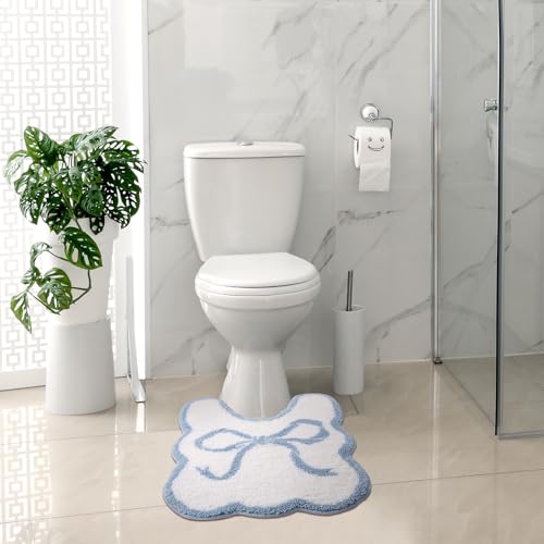HunnmingRe Blue Bow Bathroom Rug Bow Toilet Rugs 24 x 20 Inches U Shaped Luxury Scalloped Bathroom Decor Non Slip Cute Microfiber Soft Plush Bath Mat Coquette Stuff for Toilet Back to School Shower - color: Blue, size: 24 x 20 Inches