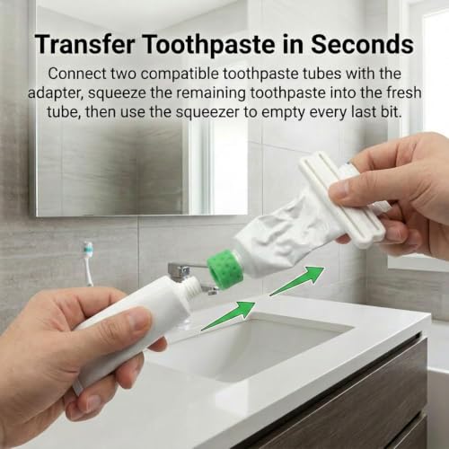 Toothpaste Refill Adapter & Toothpaste Tube Squeezer Combo Pack – Reusable Toothpaste Tube Connector Transfers Remaining Toothpaste Between Tubes – Reduce Waste, Save Money & Get Every Last Drop