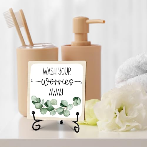 5" Funny Wooden Sign, Wash Your Worries Away Sign, Funny Bathroom Laundry Room Desk Decor, Restroom Guest Bathroom Decoration, Funny Toilet Washroom Plaque Sign Decor 5X5 Inches（White）-A05 - color: off white