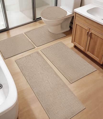 YIHOUSE Bathroom Rugs Sets, Beige, 5 Piece | Non Slip, Quick Dry, Absorbent Washable, Thin Fit Under Door, For Elder, Sink, Laundry - color: Beige, size: 5 pieces