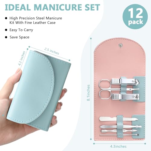 12 Set Manicure Set Bulk Mini Manicure Nail Clipper Kit 7 in 1 Stainless Steel Professional Nail Care Pedicure with Travel Portable Bag Grooming Kits for Women Men Home(Green) - color: Green