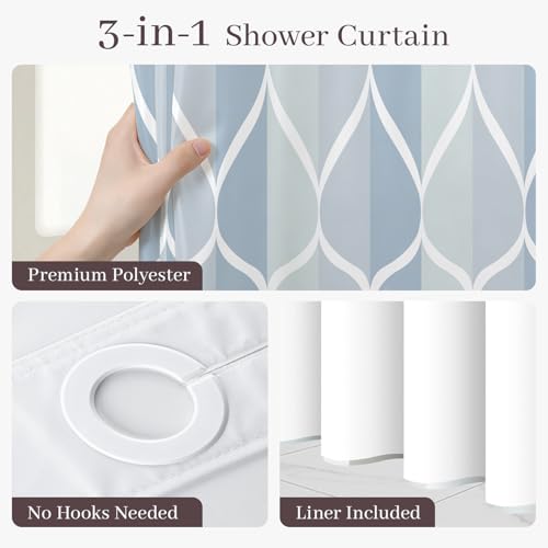 Yiatn No Hook Dark Blue Double Shower Curtain with Snap in Fabric Liner Set - Hotel Style with See Through Mesh Top Window, Modern Geometric Waterdrop Design,Waterproof and Washable, 71x74 INCH - color: Dark Blue, size: 71"W x 74"L (Pack of 1)