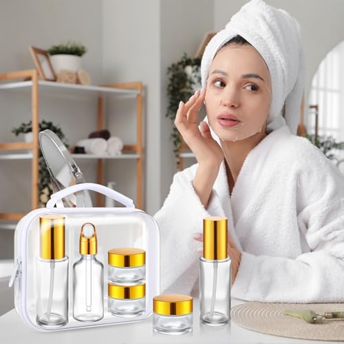 11 Pcs Glass Travel Bottles with Clear Hard Zipper Case Skin Care Containers Travel Size Mini Makeup Containers Tsa Approved with Pump Spray for Liquid Toners Serum Cream(Gold,Style 1) - color: Gold, size: Style 1