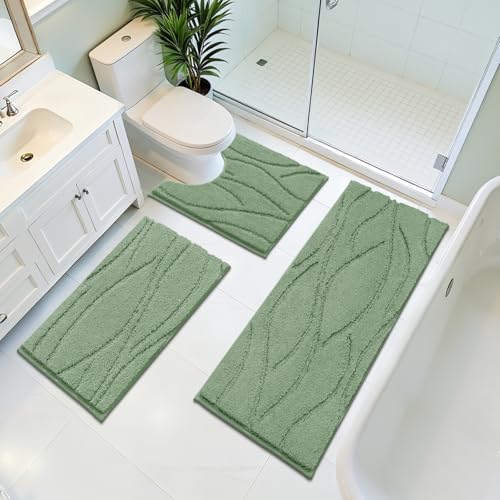 Bsmathom Bathroom Rugs Sets 3 Piece, Soft Non Slip Microfiber Bath Mat and U-Shaped Contour Toilet Rug, Machine Washable Absorbent Shaggy Bathroom Set, Green - color: Green