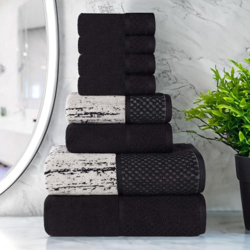 Superior Cotton Bathroom Towel Set, Plush Absorbent, 8 Piece, Black Ivory | Soft Quick Dry, Bathroom Essentials, Jacquard & Solid Pattern Assorted Towels, 2 Bath, 2 Hand, 4 Face Towel, Lodie Collection - color: Black-ivory, size: 8 Piece Towel Set (Jacqua